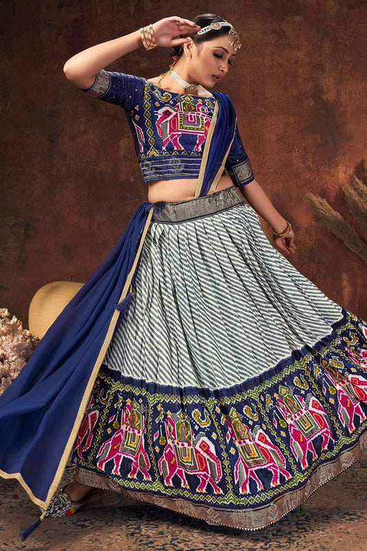 Art Silk Fabric Navy Blue Color Digital Patola Printed Work Sangeet Wear Traditional Lehenga