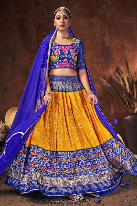 Art Silk Fabric Blue Color Sangeet Wear Magnificent Lehenga With Digital Patola Printed Work