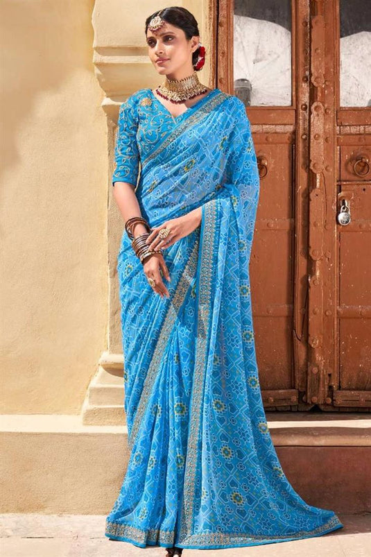 Sky Blue Color Chiffon Fabric Casual Wear Charismatic Printed Saree
