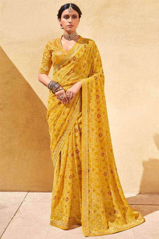 Fascinating Printed Work Yellow Color Casual Wear Saree In Chiffon Fabric