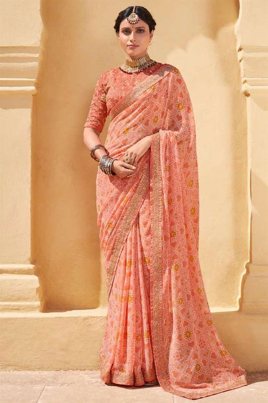 Printed Work Chiffon Fabric Casual Wear Luxurious Saree In Peach Color