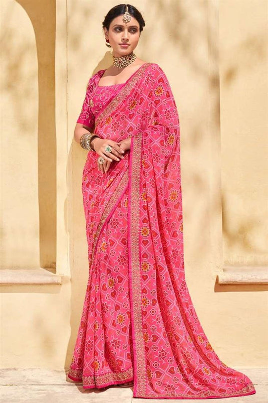 Exquisite Printed Work Chiffon Fabric Traditional Wear Saree In Rani Color