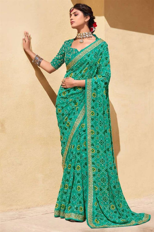 Chiffon Fabric Sea Green Color Casual Wear Luminous Printed Saree