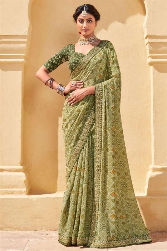 Printed Work Mehendi Green Color Casual Wear Aristocratic Saree In Chiffon Fabric