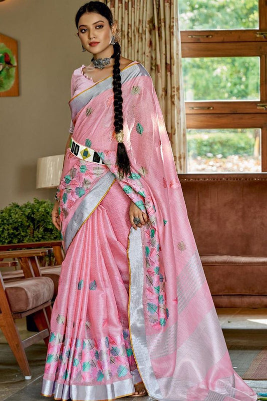 Festive Look Linen Fabric Gorgeous Saree In Pink Color