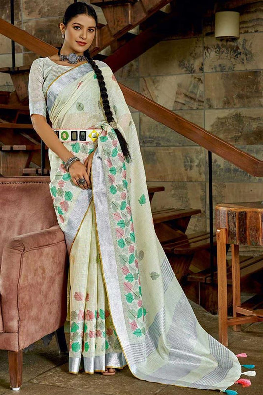 Off White Color Festive Look Linen Fabric Soothing Saree