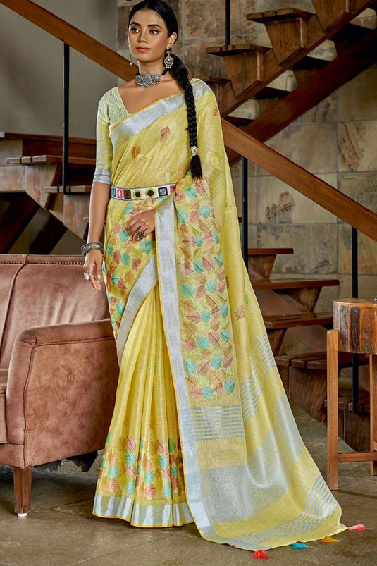 Yellow Color Linen Fabric Festive Look Glorious Saree