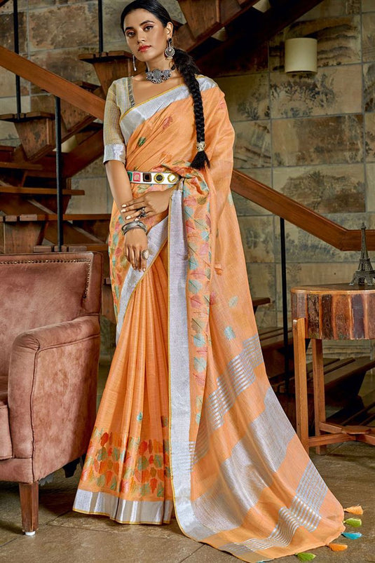 Linen Fabric Orange Color Ravishing Festive Look Saree