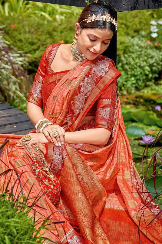 Festival Wear Orange Color Beautiful Art Silk Saree