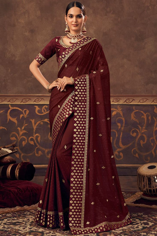 Chinon Fabric Brown Color Function Wear Embroidered Alluring Saree