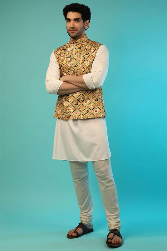 White Color Gleaming Kurta Pyjama Jacket Set In Rayon Fabric