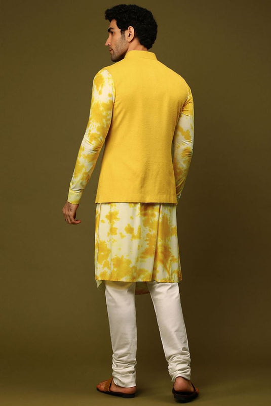 Rayon Fabric Enticing Kurta Pyjama With Jacket In Yellow Color