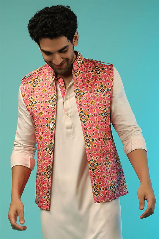 Pink Color Satin Fabric Beguiling Printed Jacket In Function Wear