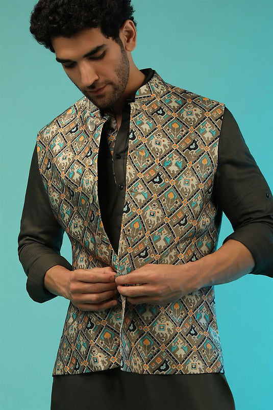 Function Wear Chikoo Color Satin Fabric Embellished Printed Jacket