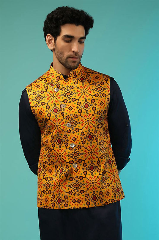 Satin Fabric Function Wear Ravishing Printed Jacket In Mustard Color