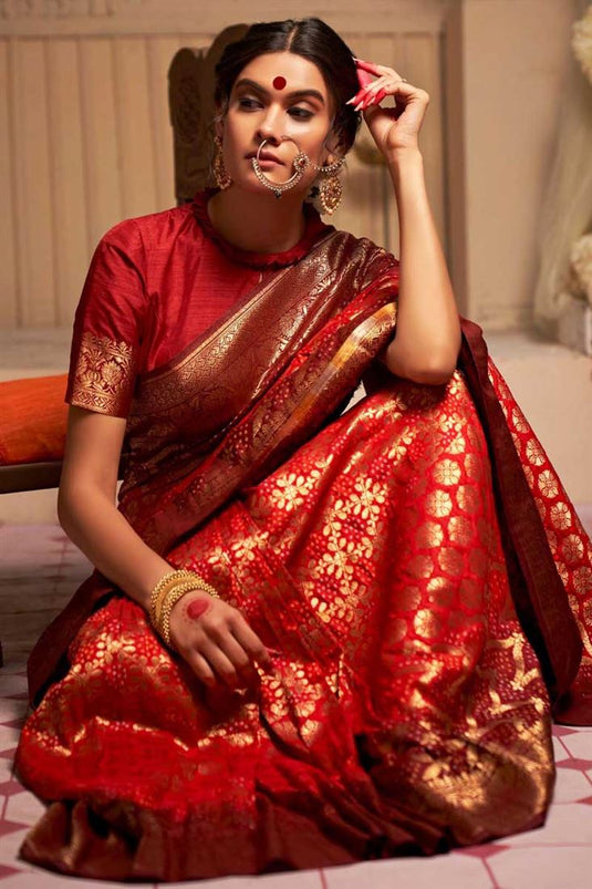 Imperial Red Color Art Silk Fabric Saree With Weaving Work
