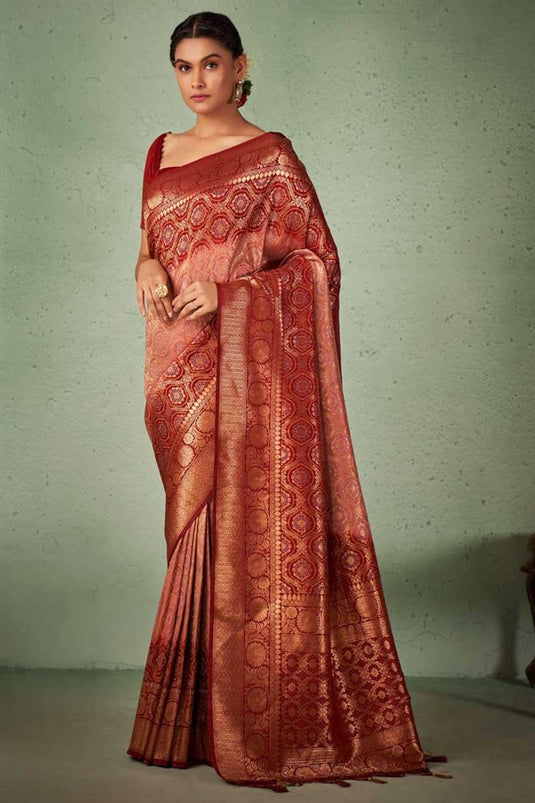 Pleasant Art Silk Fabric Weaving Work Saree In Peach Color