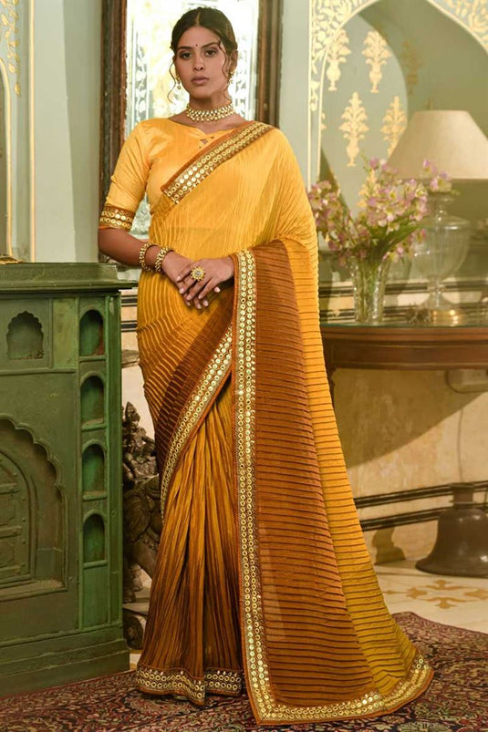 Exquisite Party Style Chinon Fabric Crush Saree In Mustard Color