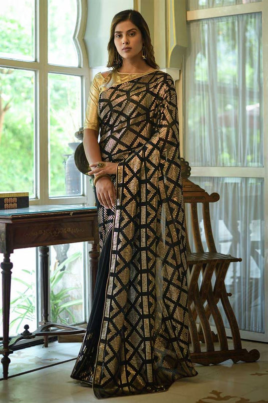 Sequins Work On Captivating Georgette Fabric Saree In Black Color