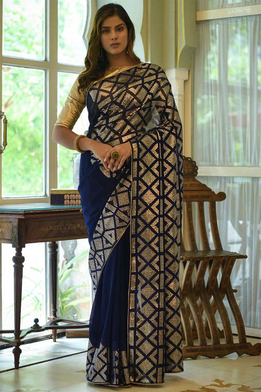 Sequins Work On Awesome Georgette Fabric Saree In Blue Color