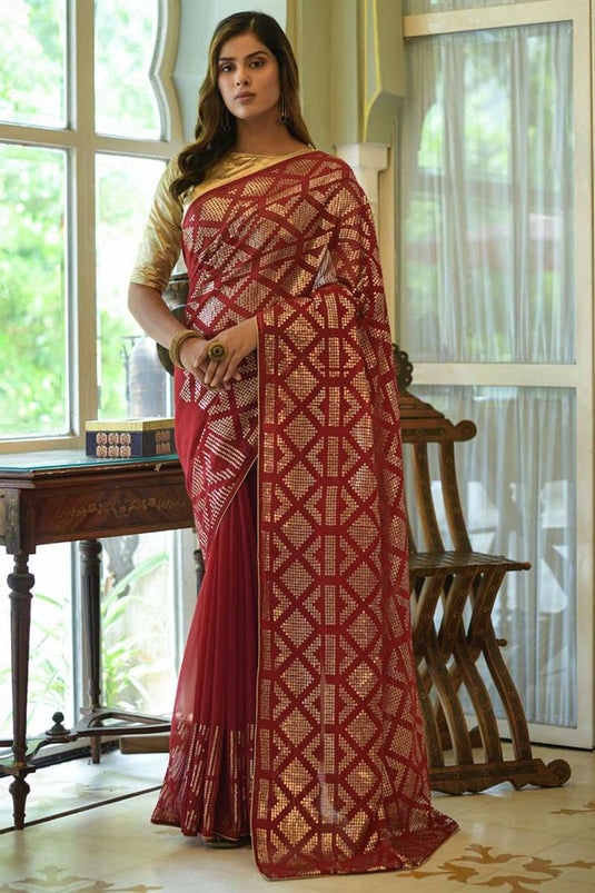 Maroon Color Fantastic Georgette Fabric Saree With Sequins Work