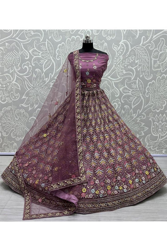 Purple Color Net Fabric Tempting Thread Embroidery Lehenga Choli