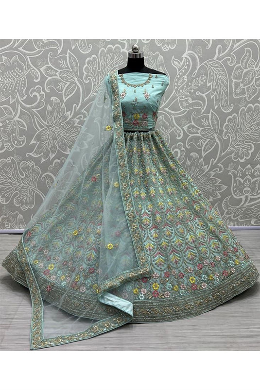 Net Fabric Sky Blue Color Supreme Thread Embroidery Lehenga Choli