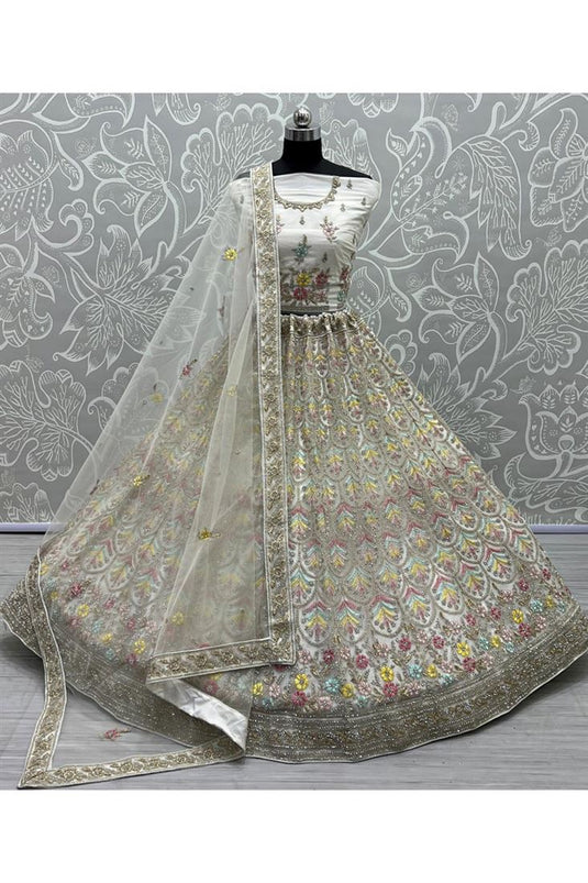 Excellent Net Fabric Off White Color Thread Embroidery Lehenga Choli