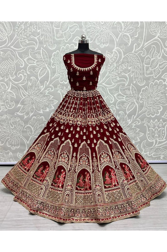 Thread Embroidered Velvet Beidal Lehenga In Radiant Maroon Color