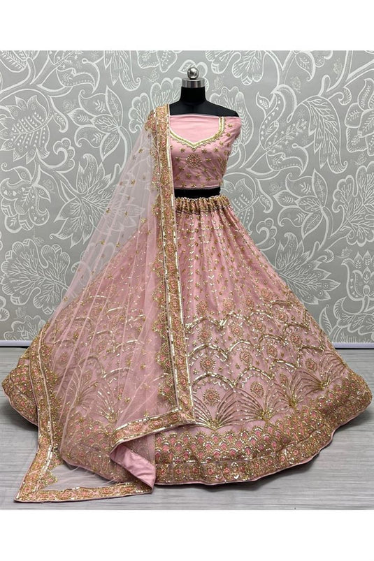 Radiant Pink Sequins Work Net Bridal Lehenga