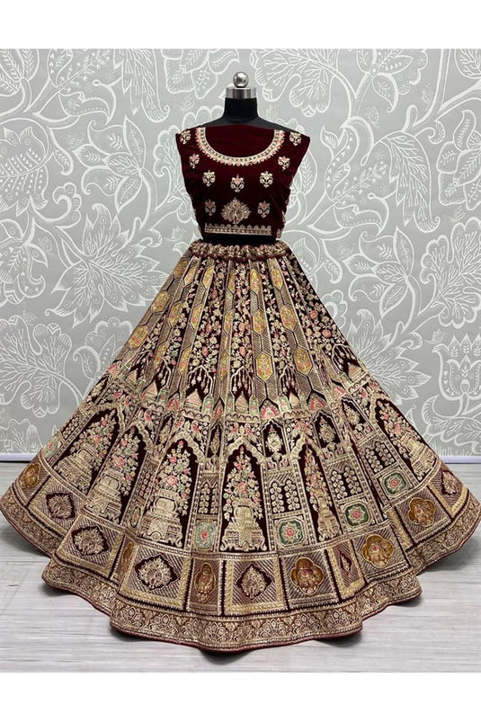 Maroon Color Velvet Fabric Charming Lehenga In Bridal Look