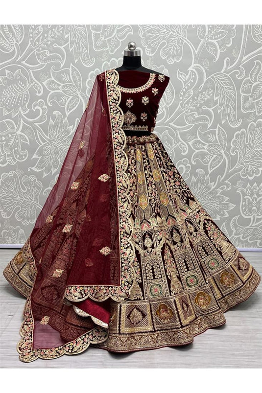 Maroon Color Velvet Fabric Charming Lehenga In Bridal Look