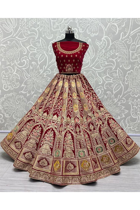 Velvet Fabric Pink Color Attractive Bridal Look Lehenga