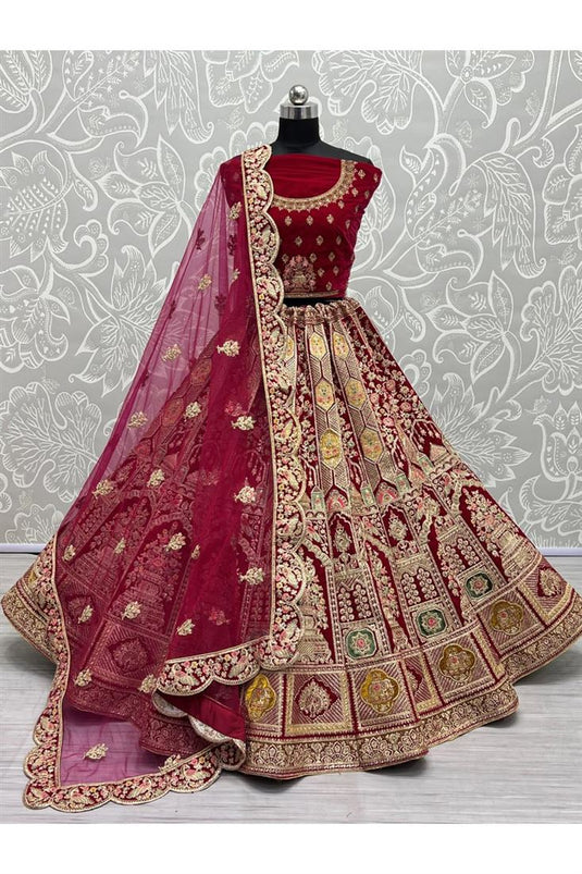 Velvet Fabric Pink Color Attractive Bridal Look Lehenga