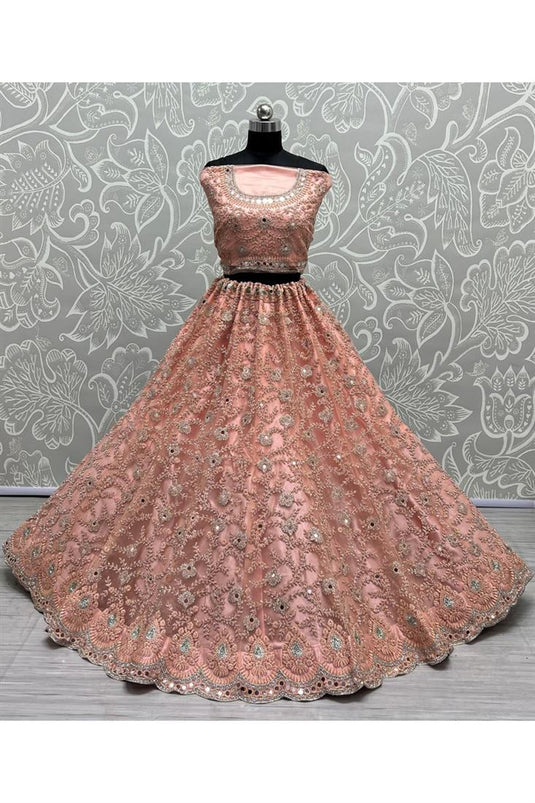 Glamorous Peach Color Embroidered Designs Net Bridal Lehenga