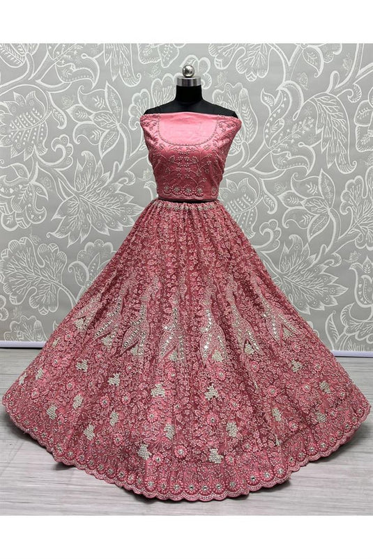 Traditional Wedding Look Pink Color Bridal Lehenga In Net Fabric