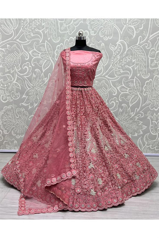 Traditional Wedding Look Pink Color Bridal Lehenga In Net Fabric
