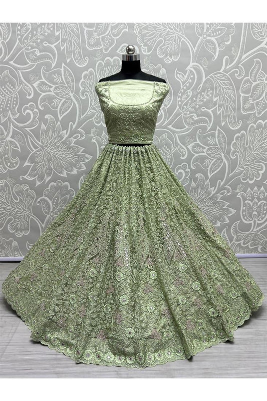 Sea Green Color Net Fabric Wedding Look Embellished Bridal Lehenga