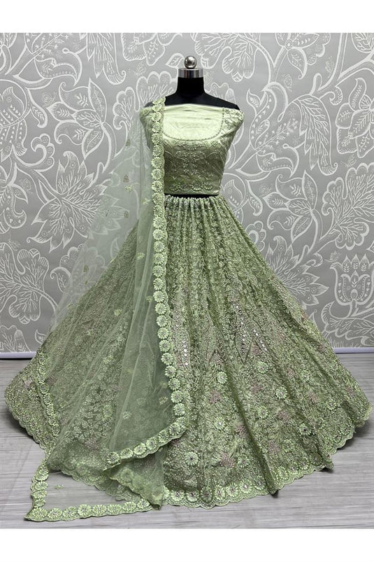 Sea Green Color Net Fabric Wedding Look Embellished Bridal Lehenga