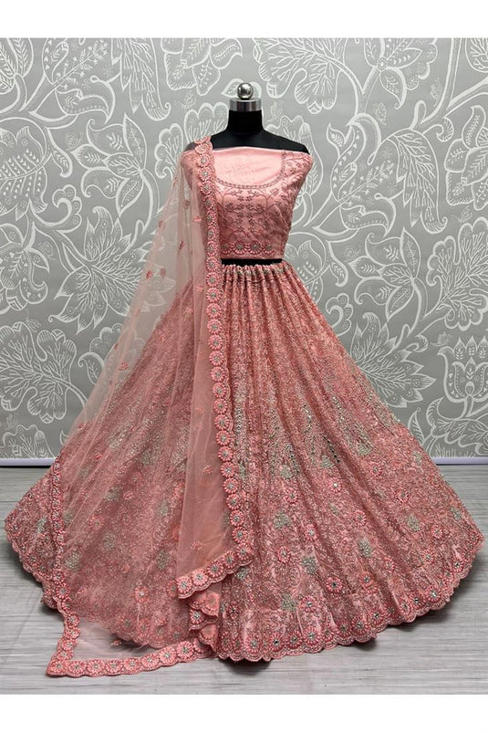 Net Fabric Peach Color Elegant Wedding Look Bridal Lehenga