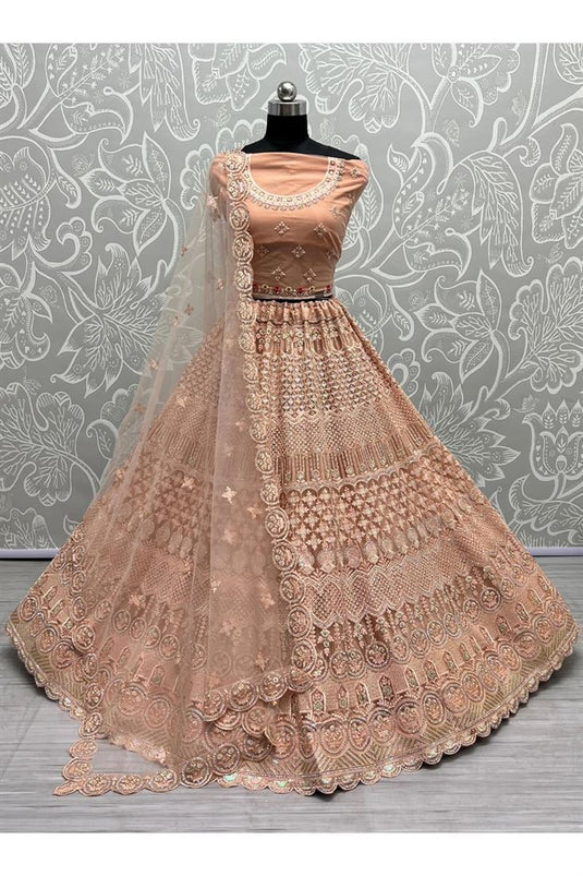 The Bride Donned A Peach-Coloured Lehenga With Floral Motifs, Styled It  With Double Organza Dupatta