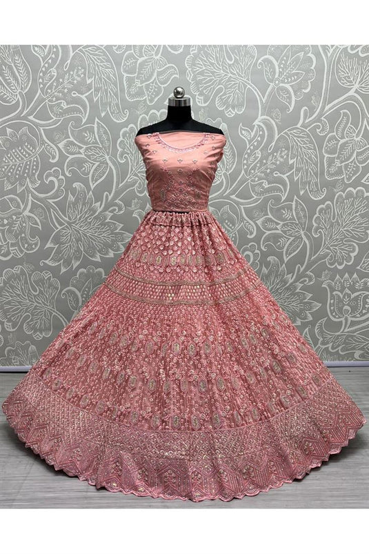 Net Fabric Pink Enticing Sequins Work Bridal Lehenga