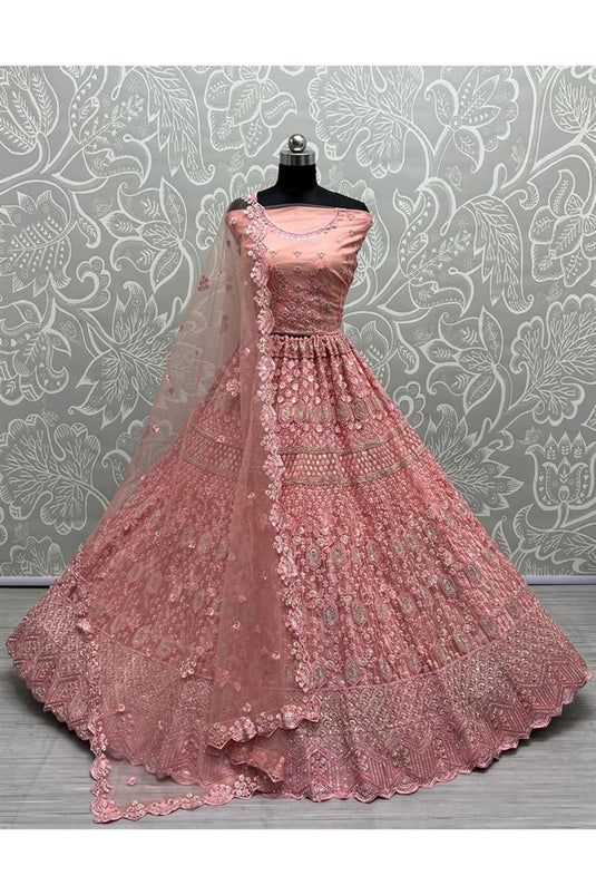 Net Fabric Pink Enticing Sequins Work Bridal Lehenga