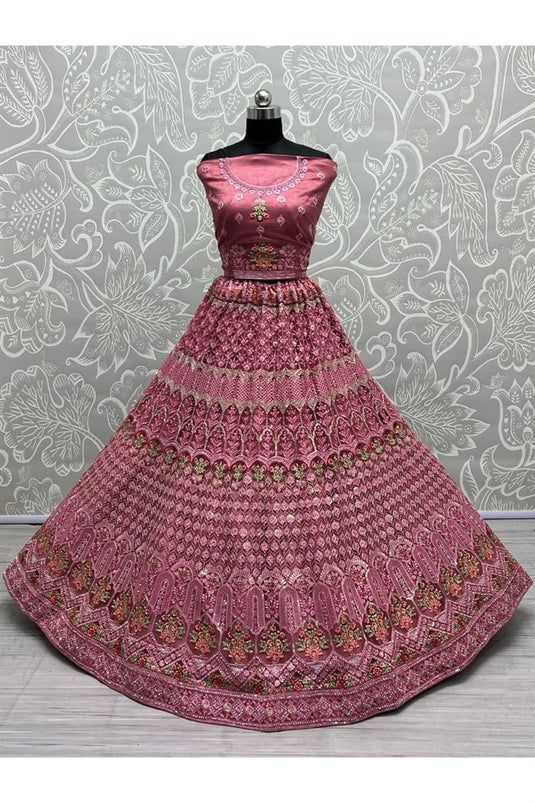 Pink Net Fabric Appealing Sequins Work Bridal Lehenga