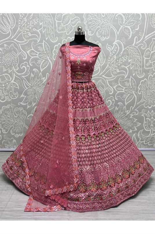 Pink Net Fabric Appealing Sequins Work Bridal Lehenga