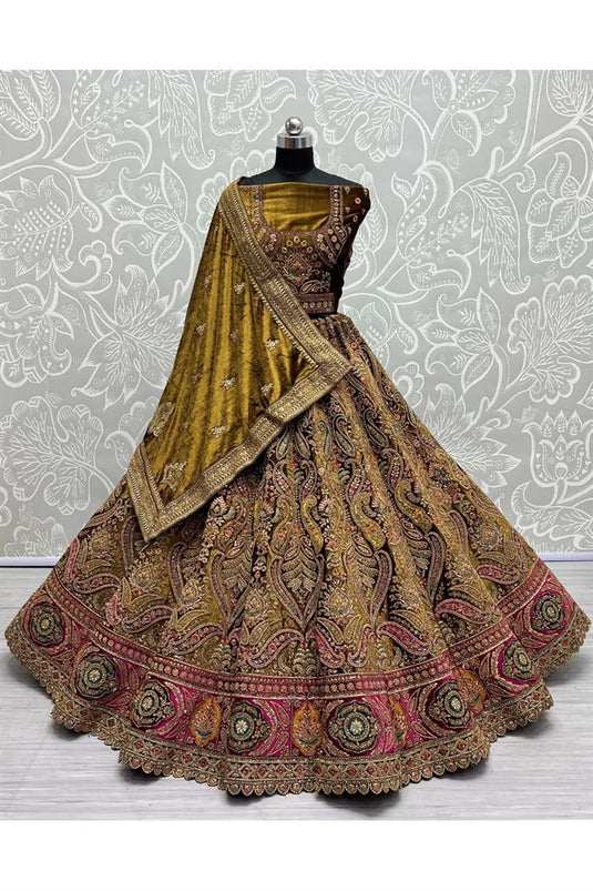 Radiant Mehendi Green Color Velvet Fabric Embroidered Bridal Lehenga With Double Dupatta