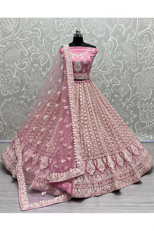 Net Fabric Pink Color Excellent Embroidered Lehenga