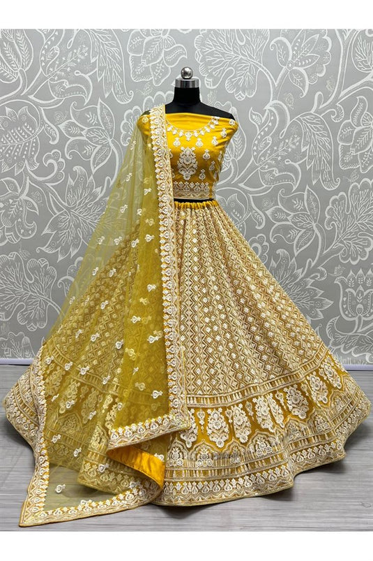 Yellow Color Net Fabric Princely Embroidered Lehenga