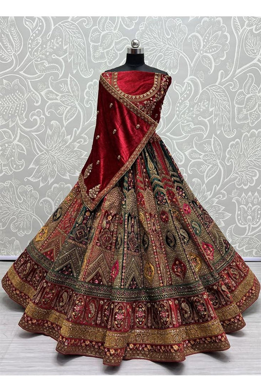 Elegant Velvet Bridal Embroidered Maroon Color Lehenga For Wedding Celebrations