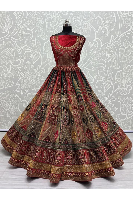 Elegant Velvet Bridal Embroidered Maroon Color Lehenga For Wedding Celebrations